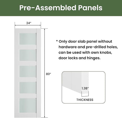 SMARTSTANDARD 24" x 80" Frosted Glass Pantry Door, Solid Core Slab Door | Pre-Assembled 5-Panel without Hardware, French Interior Door for Pantry Pocket, White Primed