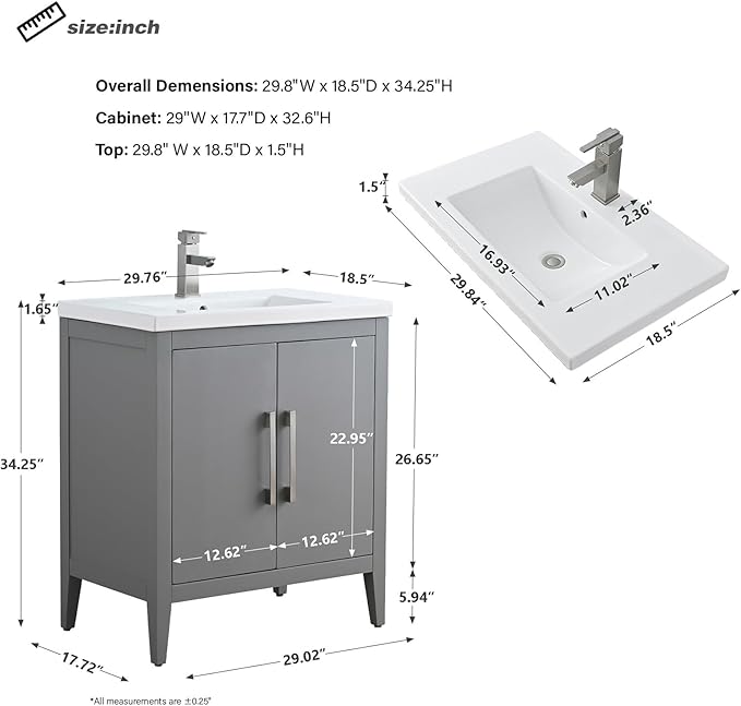 HomeBeyond 30 Inch Bathroom Vanity with Sink & Ceramic Top, Single Vanity Cabinet with Basin, Soft-Closing Doors & Matte Black Hardware, Grey