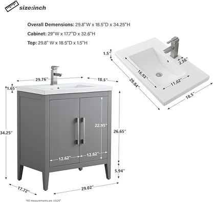 HomeBeyond 30 Inch Bathroom Vanity with Sink & Ceramic Top, Single Vanity Cabinet with Basin, Soft-Closing Doors & Matte Black Hardware, Grey
