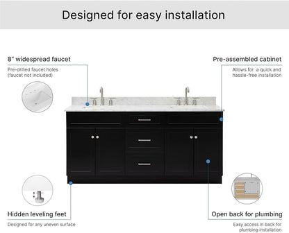 ARIEL Hamlet 72-inch Bathroom Vanity with Sink,Solid Wood, 0.75-inch Italian Carrara Marble Countertop & Backsplash, Double Oval Sink, 4 Soft Closing Doors, 3 Dovetail Drawers, Black