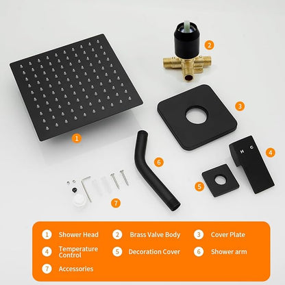 Black Shower Head And Faucet Set Complete With Valve Shower Fixtures With 8 Inch High Pressure Rain Shower Head Trim kit Regaderas Para bBaño Modernas