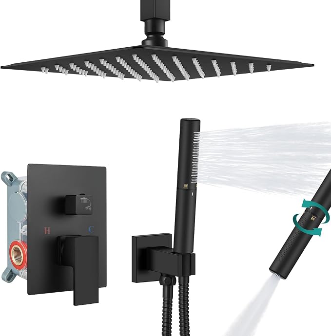 Aolemi Shower System with Rain Head and Handheld,12-Inch,Matte Black | High-Pressure Shower Faucet Set with Dual-Function Handheld,Rough-In Valve,1.8 GPM,Ceiling Mount Trim Kit