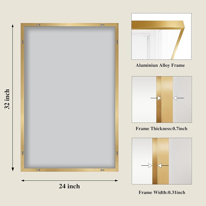 Koonmi Gold Rectangle Wall Mirror, 24x32 Inch Bathroom Mirror, Aluminum Frame Vanity Mirror for Entryway, Living Room, Bedroom Bathroom, Hangs Horizontally or Vertically
