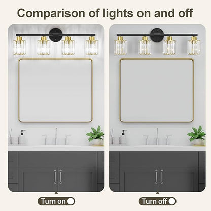 Crystal Bathroom Light Fixtures, Bathroom Lighting Fixtures Over Mirror, Modern Black Gold 4-Light Vanity Lights for Mirror, Restroom, Bedroom (Ceramic E26 Socket,Bulbs Not Include)