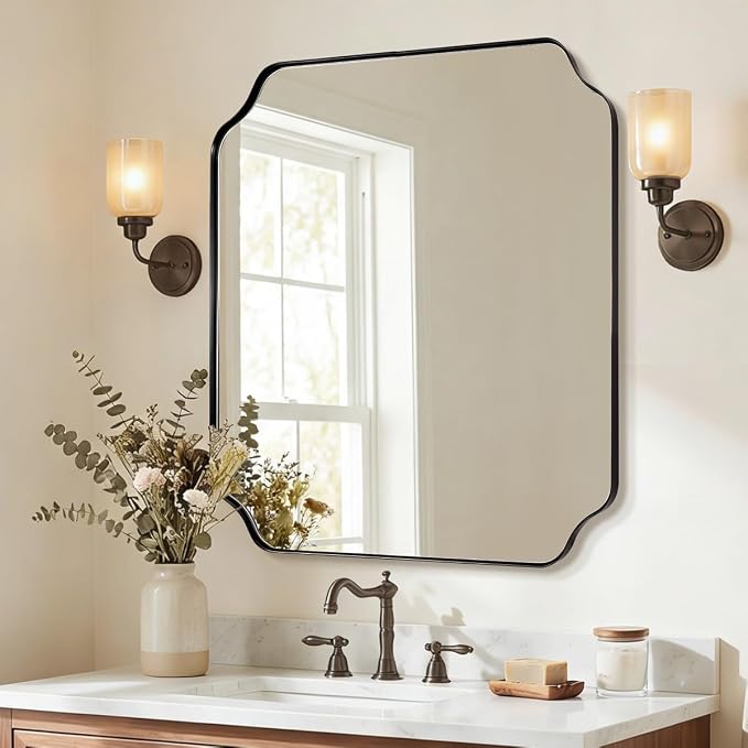 24x24 Inch Square Mirror, Matte Black Vanity Mirror, Modern Scalloped Bathroom Mirror in Premium Stainless Steel Thin Frame, Unique Rounded Notched Corners