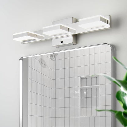 mirrea 20" 3 Light 3CCT Chrome LED Bathroom Vanity Light Fixture | Over Mirror,Bathroom Lighting,3000K/4000K/5000K ,Dimmable,Rust-resistant,Moisture-resistant,Acrylic shade,Wall Mount