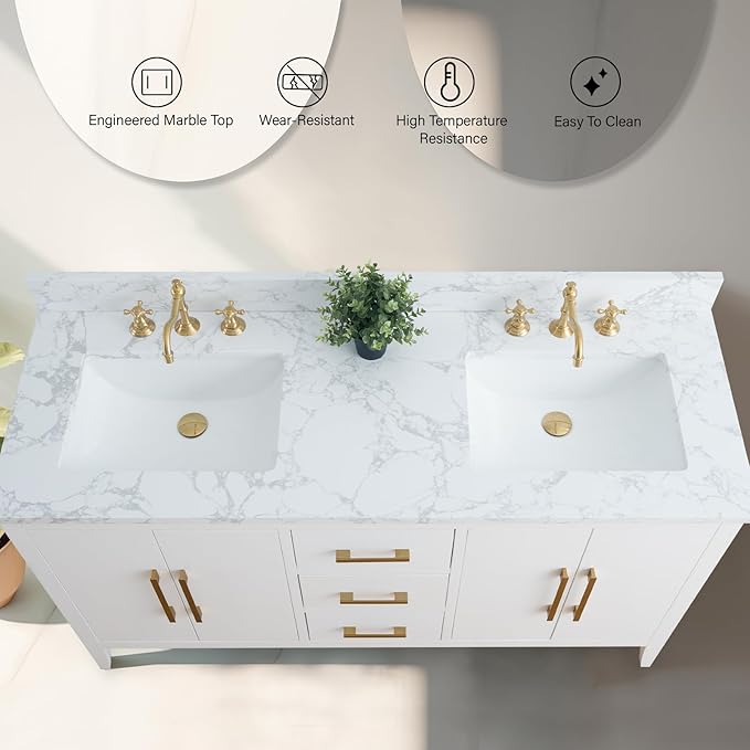 Vanity Art 60 inch Bathroom Vanity with Double Sink & Ceramic Top, Vanity Cabinet with Soft-Closing Doors, Drawers, Solid Wood Frame, White, VA9060-DW-GB1