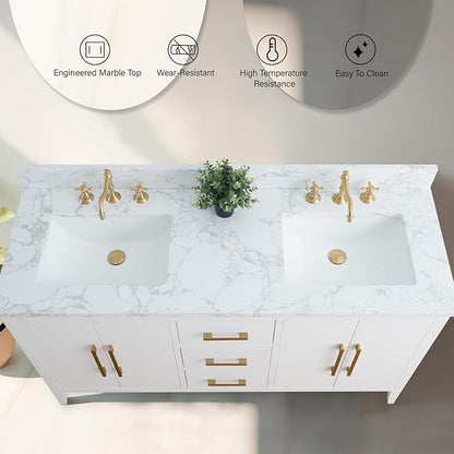 Vanity Art 60 inch Bathroom Vanity with Double Sink & Ceramic Top, Vanity Cabinet with Soft-Closing Doors, Drawers, Solid Wood Frame, White, VA9060-DW-GB1