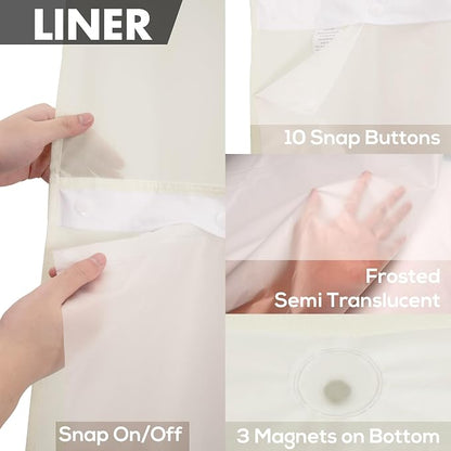 Long No Hook Slub Textured Shower Curtain with Snap-in PEVA Liner Set - 71" x 80"(78"), Hotel Style with See Through Top Window, Cream Fabric Curtain & Waterproof Liner, Sand,W71xH78 | Snap on/off Waterproof PEVA Liner, See Through Top Window, Slub Tex...