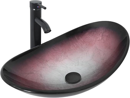 Bathroom Boat Shape Artistic Glass Vessel Sink Free Oil Rubbed Bronze Faucet and Pop-up Drain Set, Pink