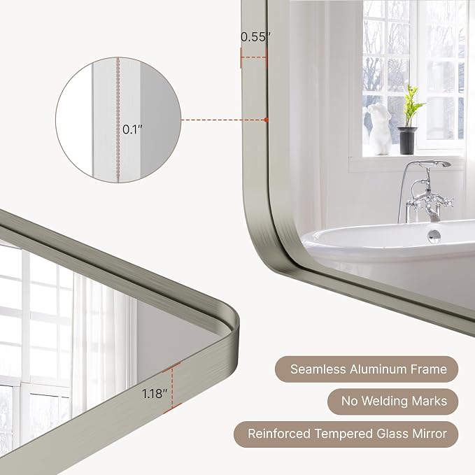 20"x16" Bathroom Mirror, Rounded Rectangle Vanity Mirror | Anti-Rust Aluminum Framed, Wall Mounted Mirror for Over Sink, Hangs Horizontally or Vertically, Brushed Nickel