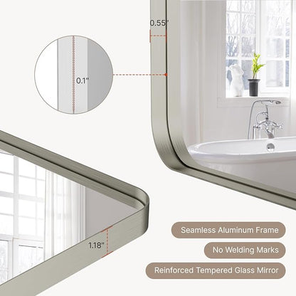 20"x16" Bathroom Mirror, Rounded Rectangle Vanity Mirror | Anti-Rust Aluminum Framed, Wall Mounted Mirror for Over Sink, Hangs Horizontally or Vertically, Brushed Nickel