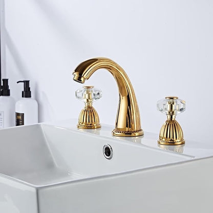Gold Bathroom Faucet Antique Brass Three Holes Widespread Crystal Handle Bathroom Sink Faucets Retro Vintage Lavatory Vanity Faucet