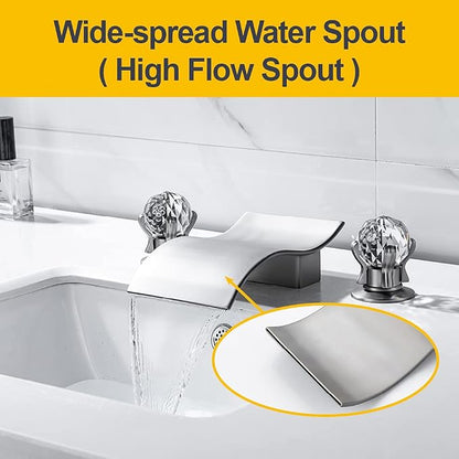 Widespread Bathroom Sink Faucet with Crystal Knob 3 Hole Waterfall Vanity Faucet 8 Inch Crystal Bathroom Faucets Deck Mount Basin Mixer Tap with Hose, Brushed Nickel