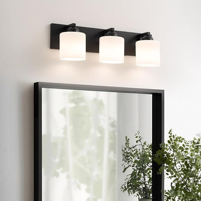 mirrea 3-Light Black Bathroom Vanity Light with White Glass Shades | Over Mirror,Wall Sconce,ETL listed,Bathroom Lighting Fixtures,Elegant Design,Milk White Glass Shade,Easy Installation