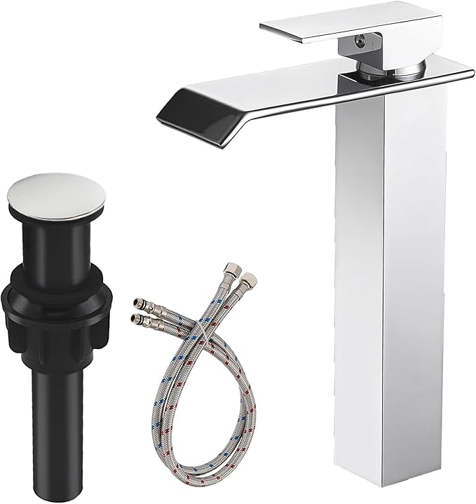 Chrome Bathroom Vessel Sink Faucet, Waterfall Bathroom Faucet, Tall Body 1 Hole Single Handle with Pop Up Drain Without Overflow Combo Vanity Mixer Tap Basin Bowl Sink Polished