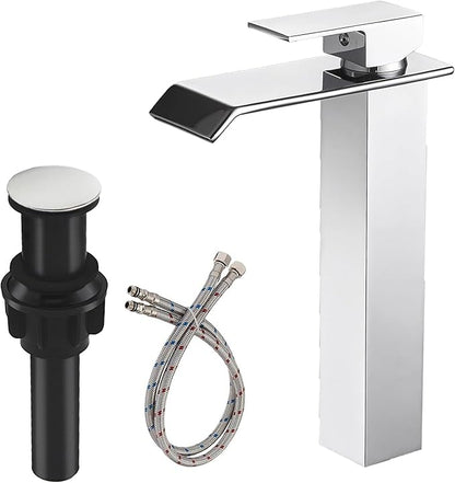 Chrome Bathroom Vessel Sink Faucet, Waterfall Bathroom Faucet, Tall Body 1 Hole Single Handle with Pop Up Drain Without Overflow Combo Vanity Mixer Tap Basin Bowl Sink Polished
