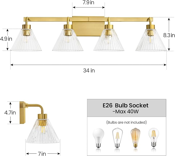 AIJIASI Bathroom Vanity Light Fixtures 4-Light Modern Vanity Lights for Bathroom Brass Gold Bathroom Lighting Fixtures Over Mirror with Ribbed Glass Shade for Bath Restroom 34 Inch