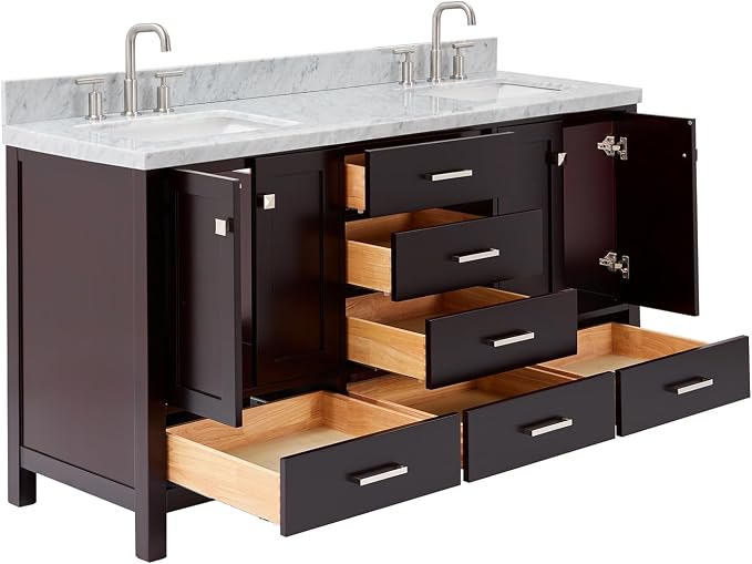 Beckford 66" Espresso Double Bathroom Vanity with 1.5" Italian Carrara Marble Countertop, 2 Rectangular Undermount Sinks, 4 Soft Closing Shaker Doors, 6 Dovetail Drawers
