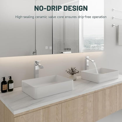 Chrome Vessel Sink Faucet, Waterfall Bathroom Faucets | Brass, Tall Spout, 1 Hole Single Handle Bathroom Faucet, Modern Basin Taps with Supply Line, Pop Up Drain, Without Overflow