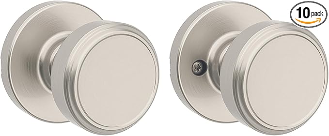 Kwikset Maven Interior Passage Door Knob, Handle for Closet and Hallway Doors, Round Non-Locking Doorknob in Satin Nickel, with Microban Protection (Pack of 10)