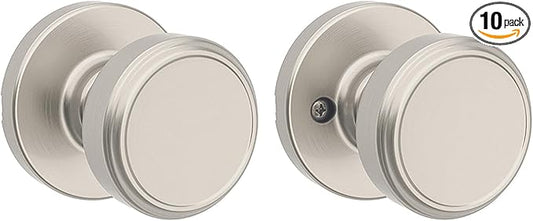 Kwikset Maven Interior Passage Door Knob, Handle for Closet and Hallway Doors, Round Non-Locking Doorknob in Satin Nickel, with Microban Protection (Pack of 10)