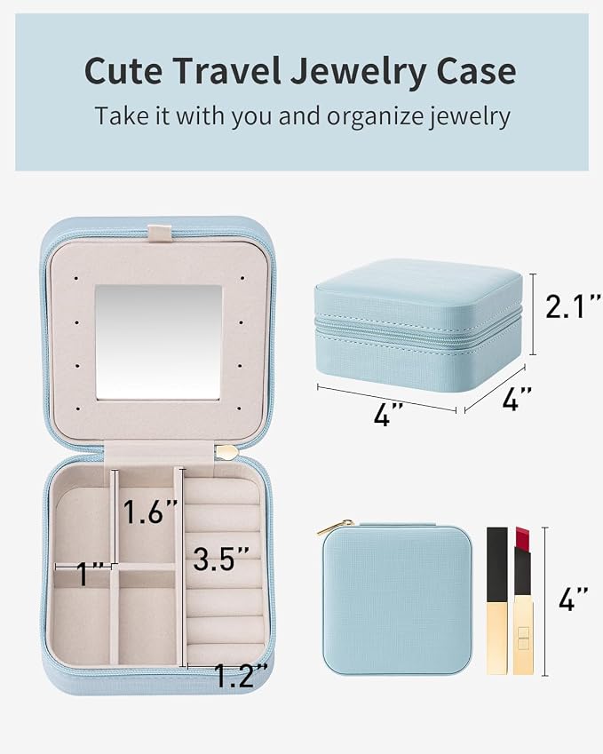 VLANDO Travel Jewelry Case with Mirror, Storage 3 Pairs of Stud Earrings | Necklace Hook for Anti-tangle, Removable Dividers, Waterproof PU Leather,Portable Storage for Rings, Necklace Gifts for Women