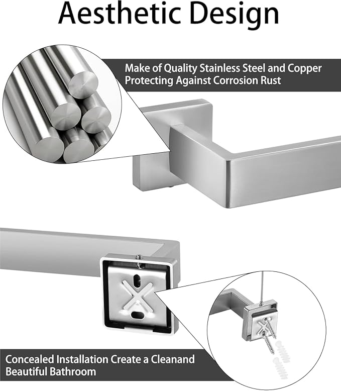10-Piece Square Bathroom Hardware Set with 24" Towel Bar x2, Toilet Paper Holder x2, Towel Hook x4, Towel Ring x2, Wall Mounted Stainless Steel Bathroom Accessories for Modern Bathroom Decor