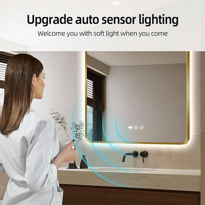 36" x 36" Gold LED Bathroom Mirror with Lights - Motion Sensor | Smart Backlit Mirror, Anti Fog, Stepless Dimmable & 3-Color, Wall Mounted Lighted Bathroom Vanity Mirror, UL-Listed, CRI≥93