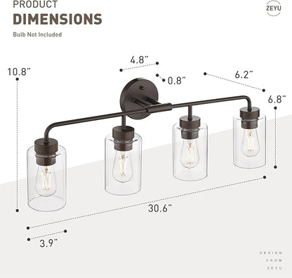 zeyu 30.6" 4-Light Bronze Bathroom Vanity Light, Clear Glass, ZS62B-4W ORB | Oil Rubbed Bronze Bathroom Light, 30.6-Inch 4-Light Design, Clear Glass Shades, Hardwired, Up/Down Mount, ETL Listed