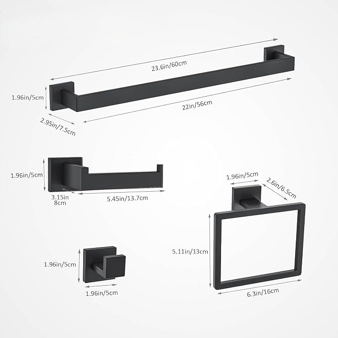 Nevado 10-Piece Wall Mounted Bathroom Hardware Set | Towel Bar, Toilet Paper Holder, Towel Ring& Robe Hook, Matte Black Bathroom Accessories, 23.6‑Inch Towel Bar