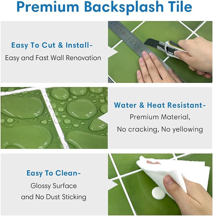 Thicker Peel and Stick 3D Backsplash Tiles Kitchen Bathroom | Green, 10 Pcs 12" x 12", Glossy Self Adhesive Decorative Vinyl Backsplash Wall Sticker, Cover 10 sq ft，Removable，Waterproof