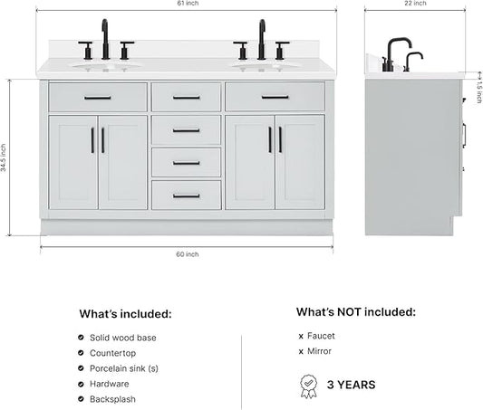 ARIEL Hepburn 60-inch Bathroom Vanity with Sink,Solid Wood, 1.5-inch Pure White Quartz Countertop & Backsplash, Double Oval Porcelain Sink, 4 Soft Closing Doors, 6 Dovetail Drawers, Grey