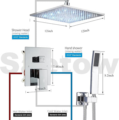 Ceiling Mount Shower Faucet Set 12 Inch LED Rainfall Shower Head Bathroom Rainfall Shower System with Handheld Spray Rough-in Valve Body and Trim Included, Chrome Finished