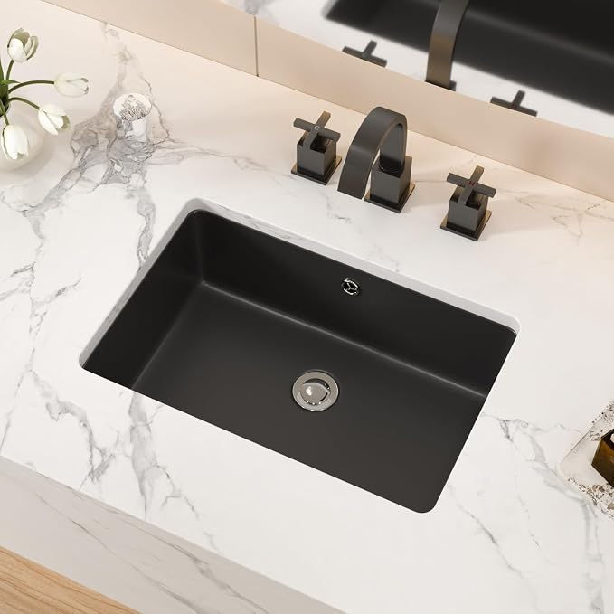 Black Ceramic 18"x12" Undermount Bathroom Lavatory Sink | Rectangle under counter black bathroom vessel sink for bathroom with overflow