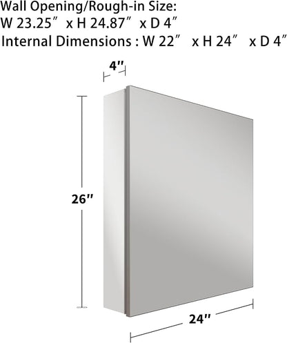24x26 Inch Recessed Medicine Cabinet with Mirror, Aluminum Medicine Cabinet Mirror, Recessed or Surface Mount with 2 Adjustable Shelves Storage Organizer, Pre-Assembled Door, Soft-Closed System