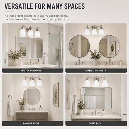 3-Light Bathroom Vanity Light, Brushed Nickel Finish with Milk Glass Shades, Over Mirror, for Bathroom Vanity