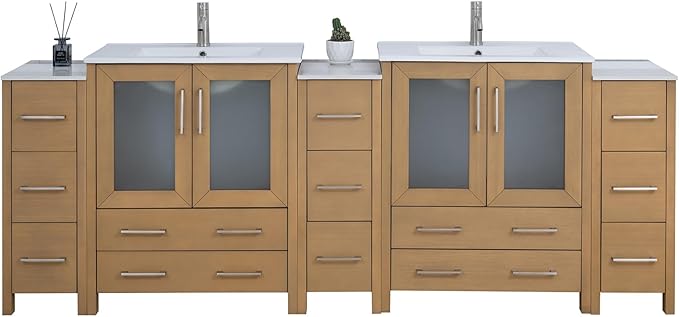 Vanity Art 96 Inch Under Mount Double Sink Bathroom Vanity Cabinet with 2 Mirrors, Ceramic Top Bathroom Cabinet Compact Set with 13 Dovetail Storage Drawers and Brushed Nickel Handles, VA3030-96-NO