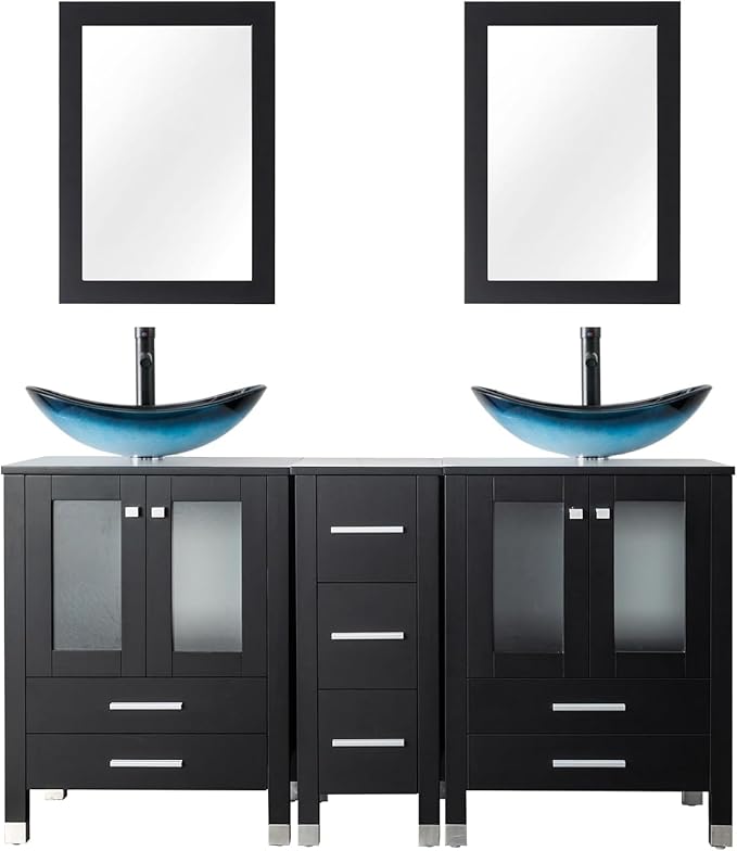 LUCKWIND 60" Double 24" Bathroom Vanity with Sink Combo, Elegant Series with One 12.6-in Side Cabinet, Painted Frame, Including Blue Boat Sinks, Faucets Without Mirrors, Black