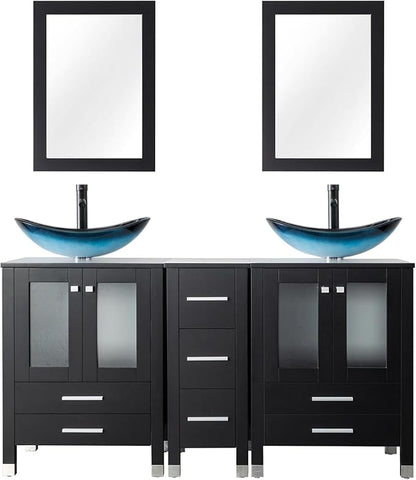 LUCKWIND 60" Double 24" Bathroom Vanity with Sink Combo, Elegant Series with One 12.6-in Side Cabinet, Painted Frame, Including Blue Boat Sinks, Faucets Without Mirrors, Black