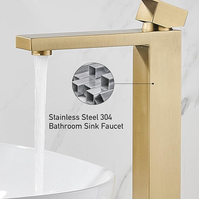 Brushed Gold Vessel Sink Faucet, 1 Hole Single Handle Tall Bathroom Vanity Faucets, Modern Utility Rv Laundry Bath Restroom Mixer Tap with Metal Pop Up Drain and 2 Water Supply Lines