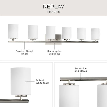 Progress Lighting Replay Collection 48 in. 6-Light Brushed Nickel Etched White Glass Modern Bath Vanity Light