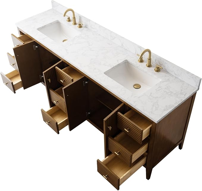 84" Bathroom Vanity with Double Sink & Engineered Marble Top, Solid Wood Frame, Linear Pattern & Soft Close Door | Golden Brushed Handware,Walnut