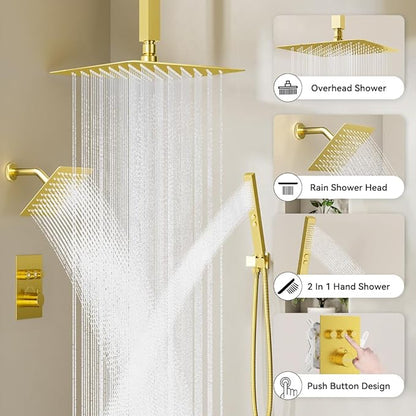 Brushed Gold Shower System, STARBATH Ceiling Mounted 12+8 Inch Rainfall Shower Head with 2 in 1 High Pressure Handhled, Can Use All at Once, Push Button Diverter Thermostatic Valve with Trim Kit