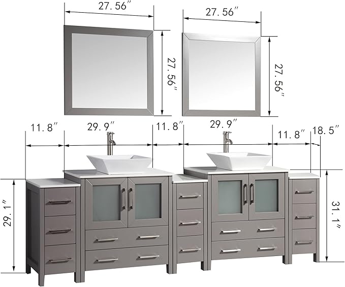 Vanity Art 96 Inch Vessel Double Sink Bathroom Vanity Cabinet with 2 Mirrors, Engineered Marble Top Bathroom Cabinet Compact Set with 13 Dovetail Drawers and Soft Closing Doors, VA3130-96-G
