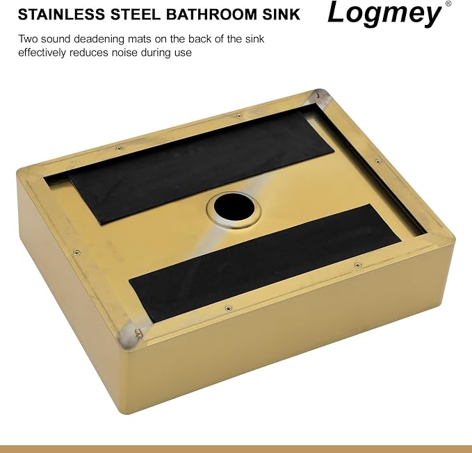 Logmey 16" Gold Shallow Bathroom Vessel Sink 16x12 Small Handmade 16 Gauge Stainless Steel Above Counter 4" Deep RV Bathroom Sink Rectangle Vessel Sinks with Pop up Drain Set
