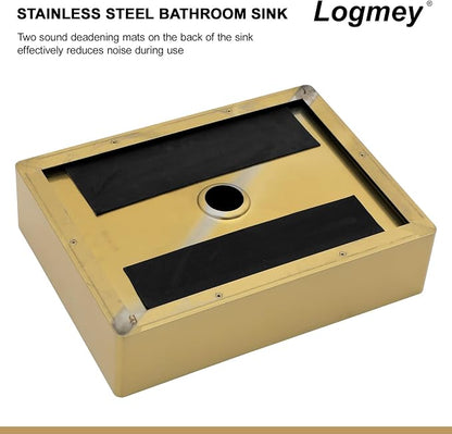 Logmey 16" Gold Shallow Bathroom Vessel Sink 16x12 Small Handmade 16 Gauge Stainless Steel Above Counter 4" Deep RV Bathroom Sink Rectangle Vessel Sinks with Pop up Drain Set