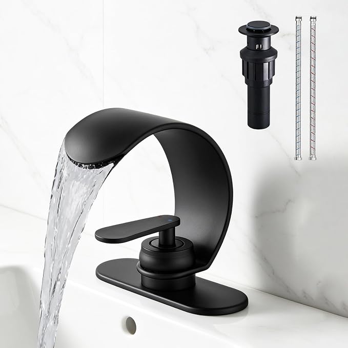 Waterfall Bathroom Sink Faucet, Matte Black Single Hole Vanity Faucet with Pop-Up Drain, Deck Plate & Supply Hoses, Modern 1 Handle Deck Mount for Bathroom Vanity Sink