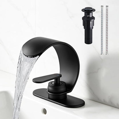 Waterfall Bathroom Sink Faucet, Matte Black Single Hole Vanity Faucet with Pop-Up Drain, Deck Plate & Supply Hoses, Modern 1 Handle Deck Mount for Bathroom Vanity Sink