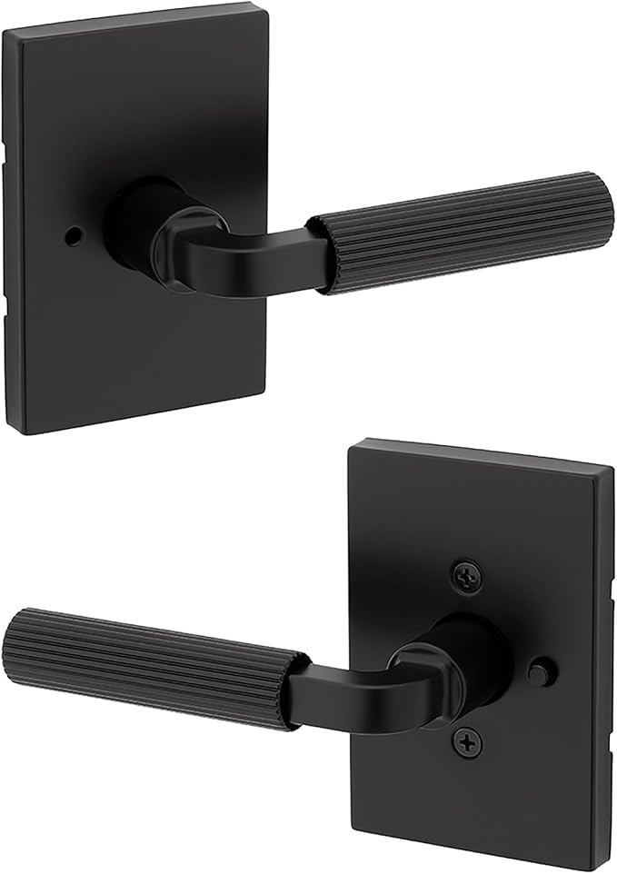 Kwikset Mirada Reeded Interior Privacy Door Handle with Lock, Handle for Bathroom and Bedroom, Matte Black, Reversible Keyless Push Button Lock, with Microban Protection